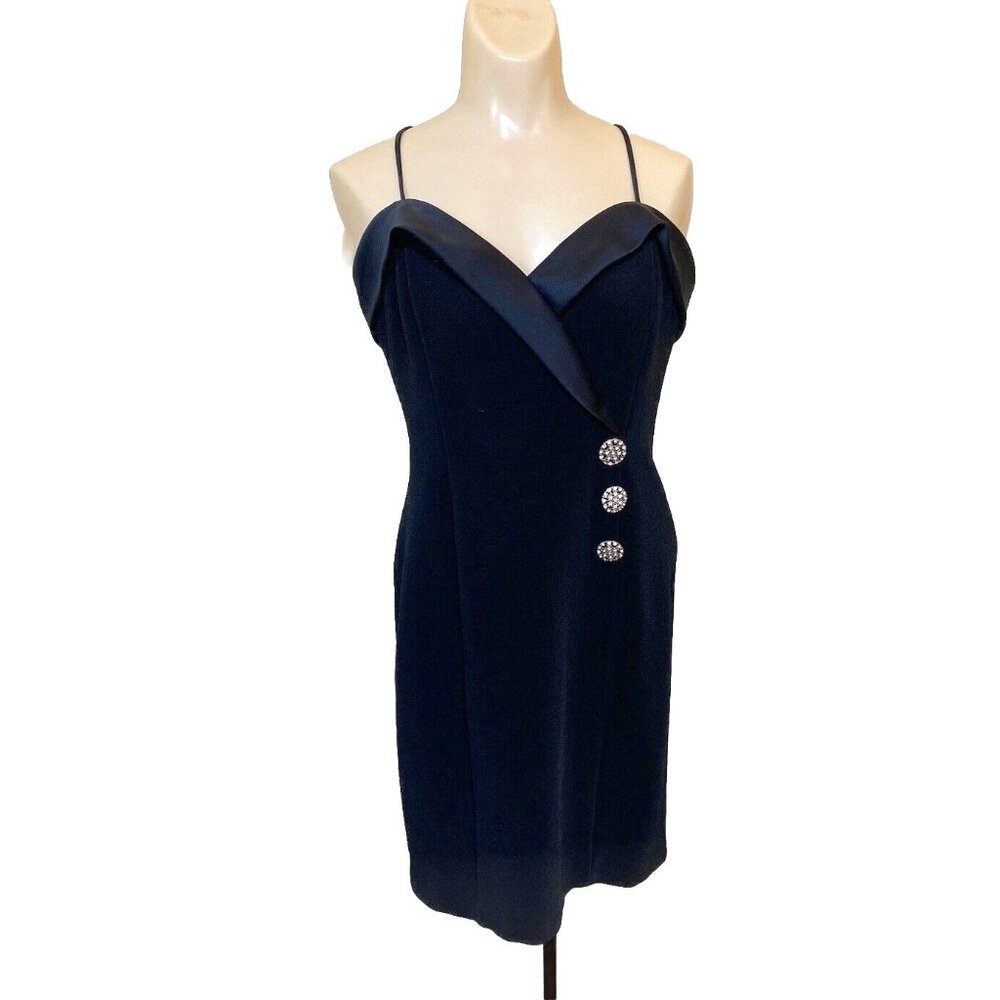 Vtg Betsy & Adam Cocktail Dress Sz 11-12 Black Rhinestones Satin Bodycon Barbie